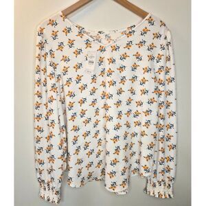 NWT LOFT Outlet Floral Blouse Women M Smocked Cuffs Long Sleeve Spring Top